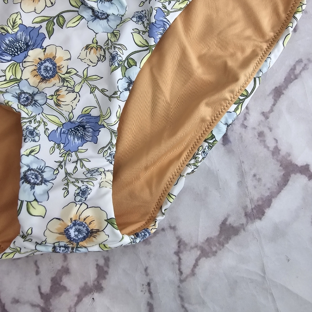 J Crew Swim Bottom Blue High Rise Cut Bikini Knot Tie Waist Floral Vines BF204 - Picture 4 of 11